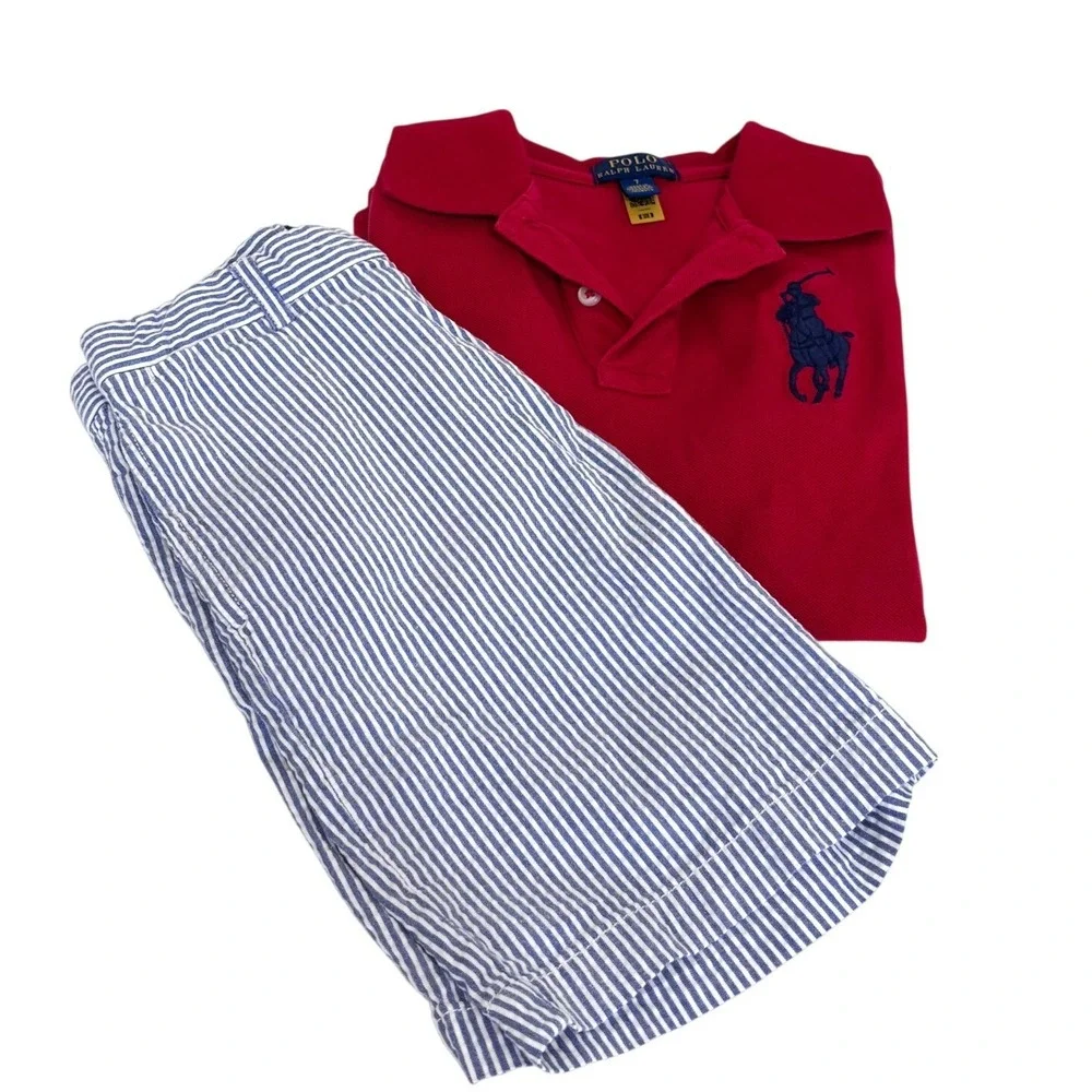 Polo Ralph Lauren Boys Preppy Polo Shirt & Shorts Set Size 7 Red Blue Seersucker